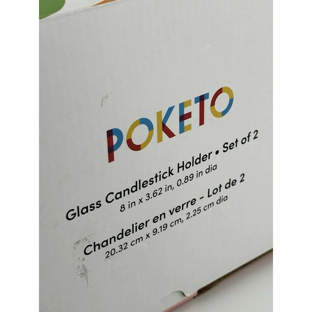 POKETO Green Handmade Glass Taper Candlestick Holder Set Of 2 NOS Open Box‎